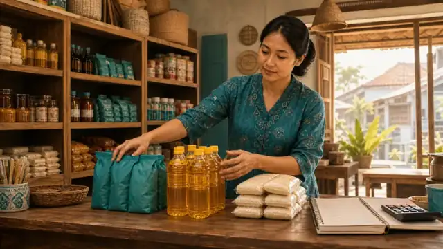 Pemilik toko membandingkan beberapa kelompok produk dan catatan penjualan di meja