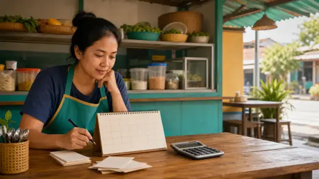 Pemilik usaha makanan menyusun rencana target penjualan pada kalender dan kalkulator