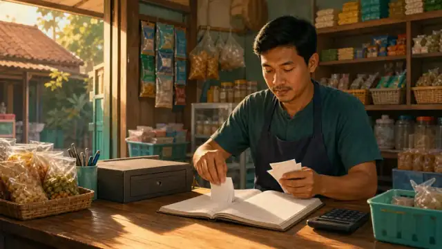 Pemilik toko mencatat struk transaksi ke buku penjualan di meja kasir