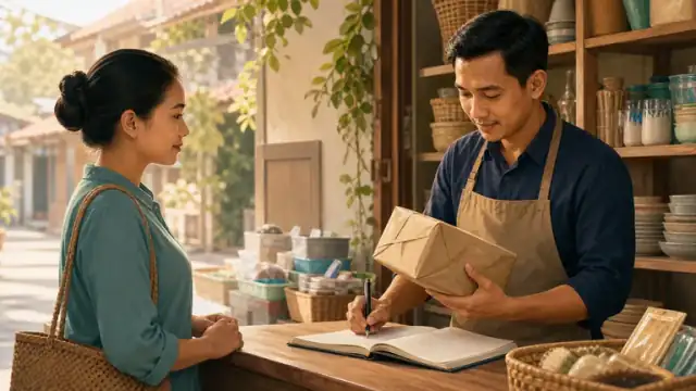Pemilik toko menerima barang retur sambil mencatat koreksi transaksi