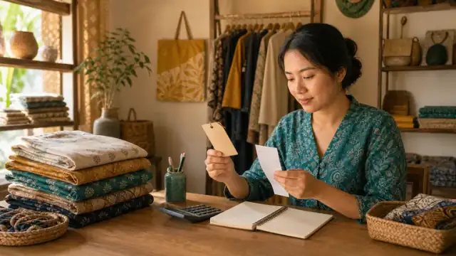 Pemilik toko kain membandingkan label promo, catatan biaya, dan kalkulator