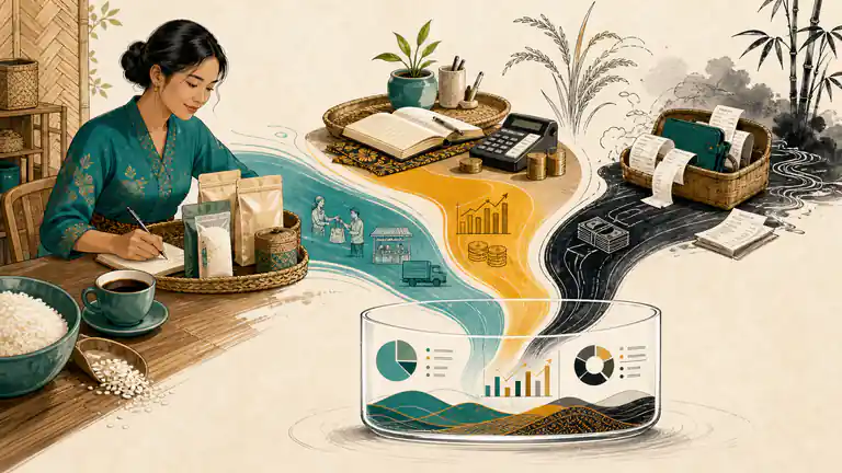 Visual perbedaan omzet, laba, dan arus kas dalam kegiatan usaha sehari-hari
