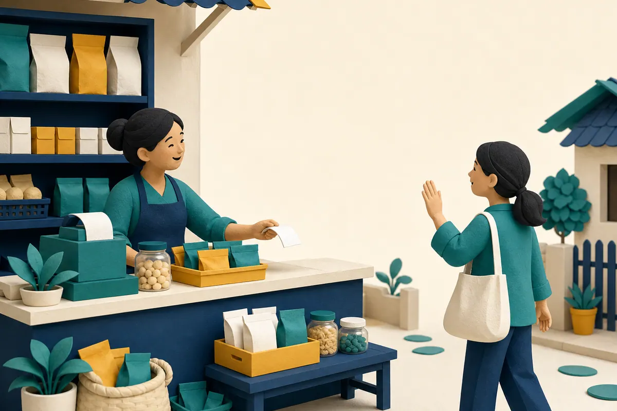 Ilustrasi kontekstual transaksi toko dan hubungan pelanggan pada usaha kecil Indonesia.