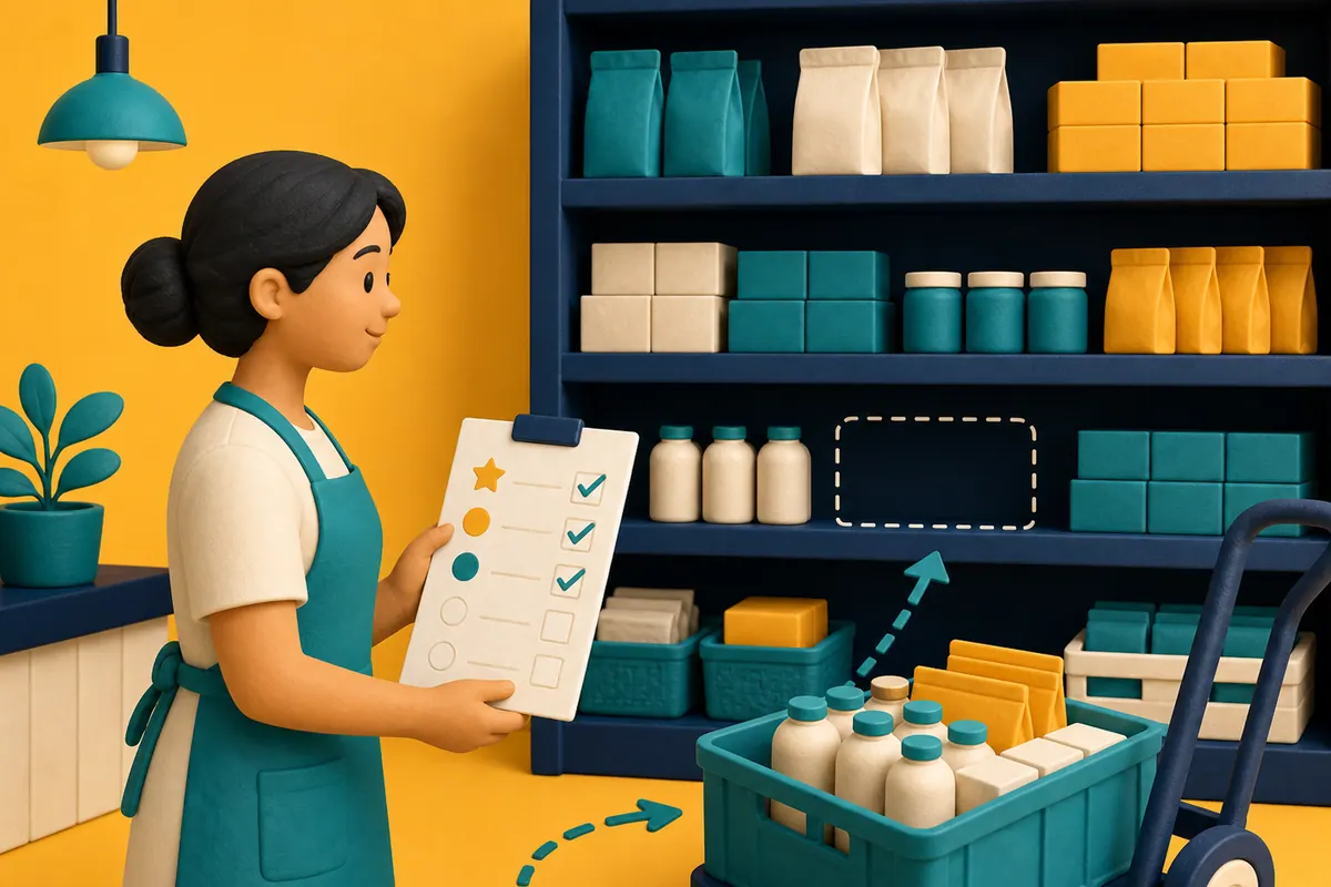 Ilustrasi kontekstual rak produk, stok rendah, dan prioritas pengisian ulang.